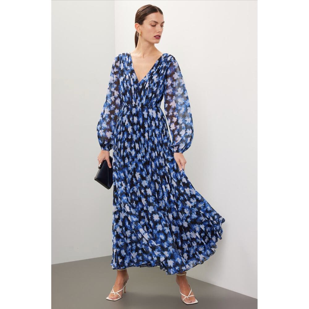 ML Monique Lhuillier Melanie Dress Floral V-Neck Long Sleeve Maxi Dress Sz 6